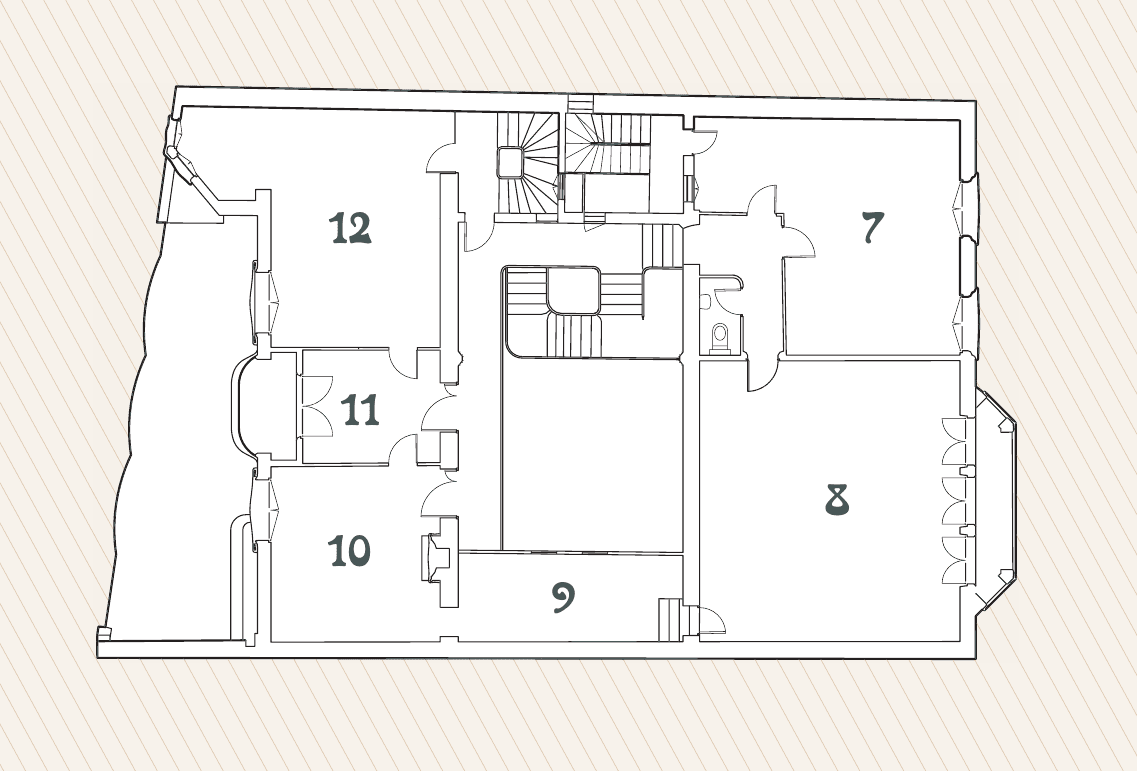 Plan numéroté de l'étage de l'Hôtel Mezzara (espaces 7 à 12)