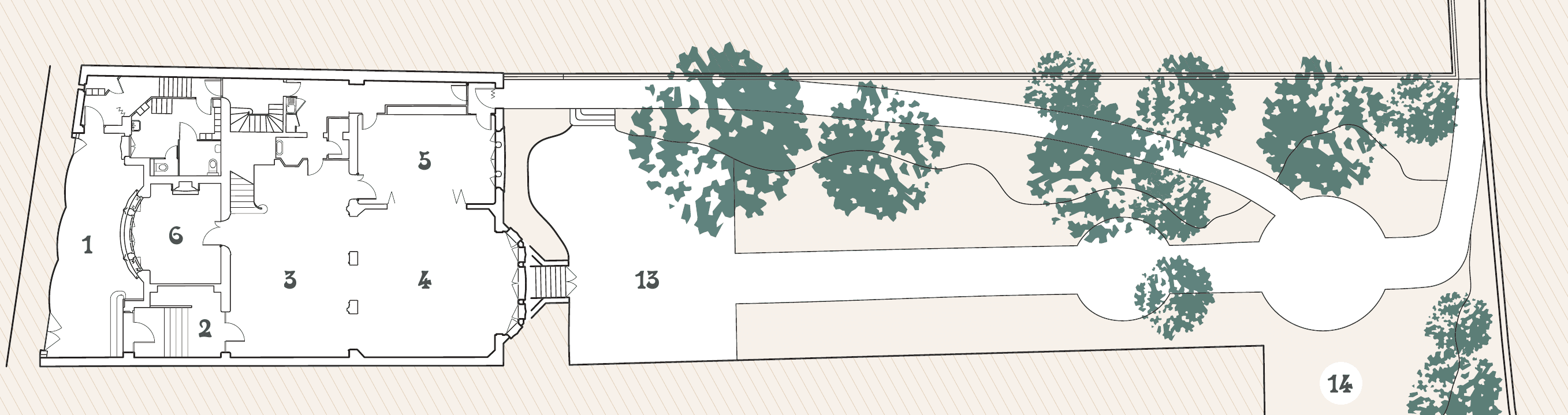 Plan numéroté du rez-de-chaussée de l'Hôtel Mezzara et de son jardin (espaces 1 à 6, 13 et 14)