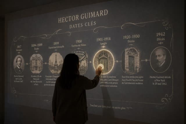 Une visiteuse devant un mur interactif « Hector Guimard — Dates clés » retraçant la vie de l'architecte
