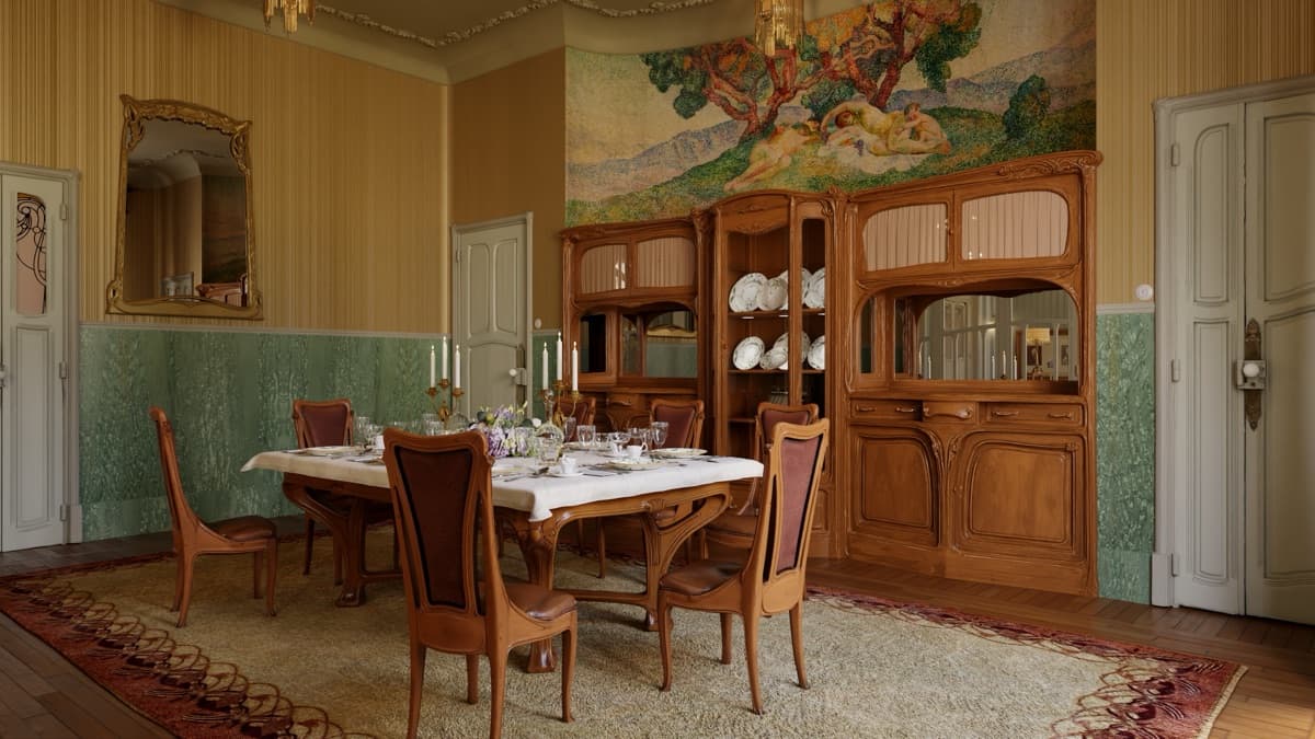 La salle à manger Art nouveau de l'Hôtel Mezzara : mobilier en bois sculpté, buffet vitré et fresque pointilliste